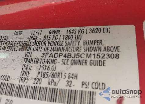 2012 Ford Fiesta Se z USA, uszkodzony, nr VIN 3FADP4BJ5CM152308